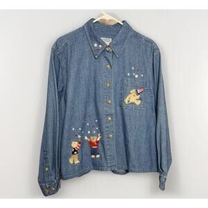 Christopher & Banks XL Embroidered Denim Boxy Button Shirt USA Bears Flag Stars